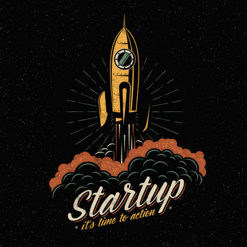 Colored lifts off rocket startup symbol in vintage retro style. Spaceship flies away into space. Textures and background on separate layers.