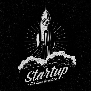 Rocket takes off startup symbol in retro vintage style. Launched spaceship logo. Textures and background on separate layers.