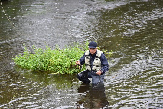 Upper view of fly fisherman fishing in river