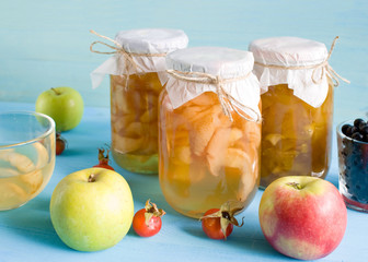Jam of pears and apples in glass jars on a blue wooden background
