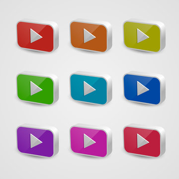 Set of nine multicolored play buttons. Isolated on white background. Vector illustration, eps 10.
