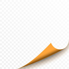 Curled corner of yellow paper. Realistic vector illustration with transparent shadow.