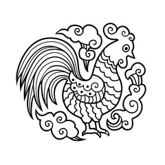 Graphic image of Cock, or rooster in round composition.