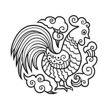 Graphic image of Cock, or rooster in round composition.