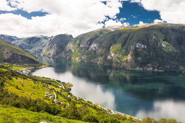 View to Aurlandsvangen village and Aurlandsfjord a branch of Sognefjord in Norway