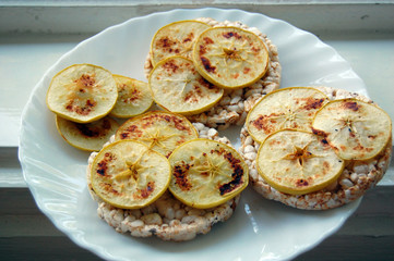healthy food, rice crackers with baked apples chips