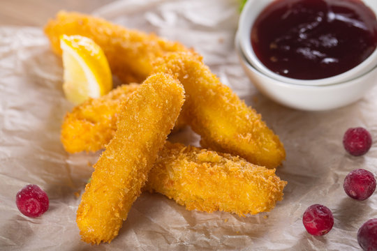 fried mozzarella cheese sticks breaded with Cranberry Sauce