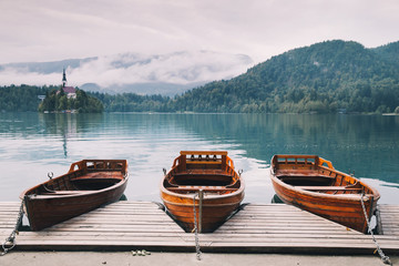 Traditional wooden boats on Lake Bled, Slovenia.