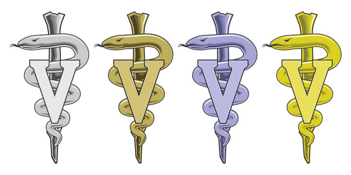 Medical Symbol - Veterinarian is an illustration of the veterinary medical symbol in silver, gold, blue and yellow.