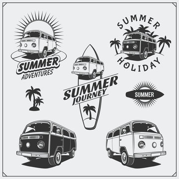 Summer bus travel labels, emblems and design elements. Vintage style. 