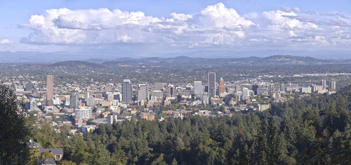 Portland Oregon downtown panorama from Pittock mansion.
