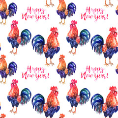 Vector watercolor fire cock on white background with text Happy New Year. © ZUBKOVA IULIIA