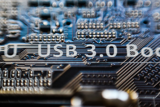 USB 3.0 inscription on motherboard micro chip circuit