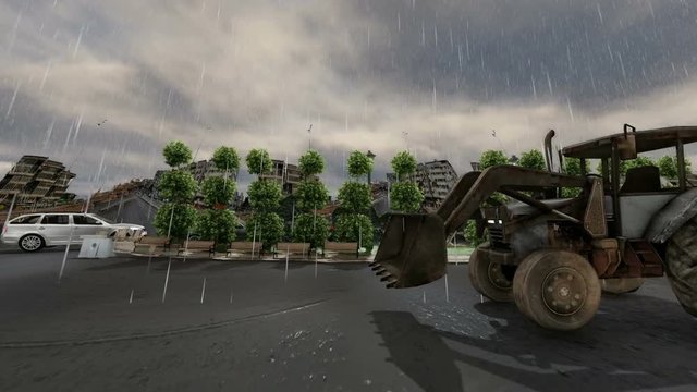 Statue rocket Square And cars spin around At the rain