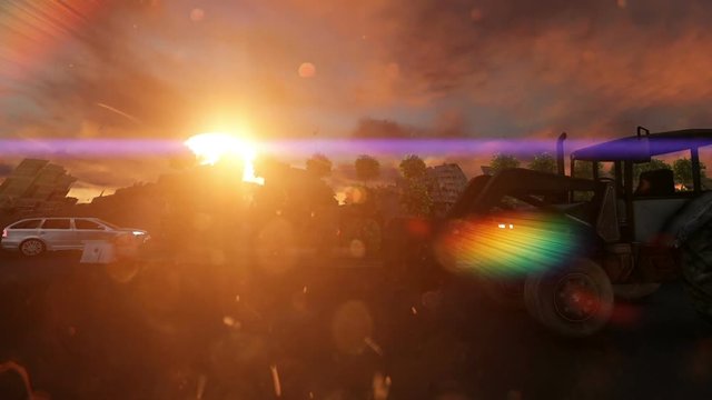 Statue rocket Square And cars spin around At the sunset sun flare