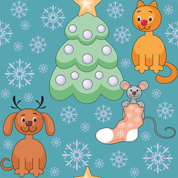 Christmas seamless pattern with the image of funny pets and Christmas tree
