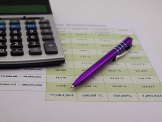 Close up pen and calculator on accountant's desk