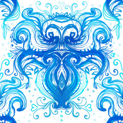 Elegant blue patterned frame painted with watercolor