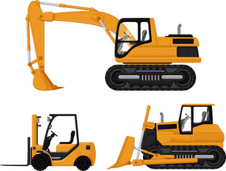 backhoe, forklift and bulldozer
