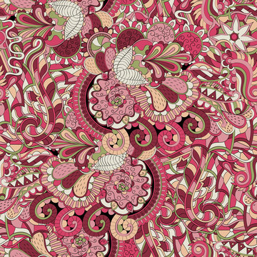 Tracery seamless calming pattern. Mehndi design. Ethnic colorful doodle texture. Curved doodling background. Vector.