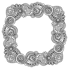 Abstract fantasy frame. Black doodle curly thin line border with swirls and waves isolated on white background. Vector illustration.