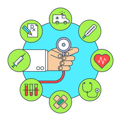 Doctor's hand with a stethoscope. Flat line illustration.