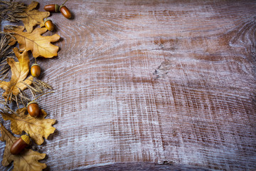 Border of oat, acorn and fall leaves on the old wooden backgroun