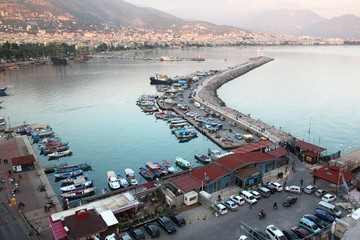Autumn view of the old harbor and the lighthouse in Alanya. Turkey.