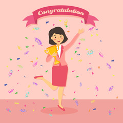 Vector illustration of business woman holding winner trophy in confetti pink background.