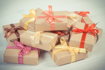Vintage photo, Wrapped gifts with colorful ribbons for Christmas or other celebration
