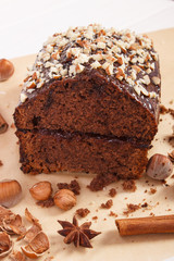 Gingerbread or dark cake with chocolate and cocoa, delicious dessert