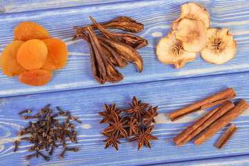 Ingredients and spices for preparing compote of dried fruits, healthy nutrition