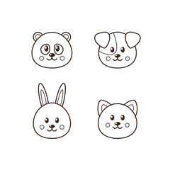 Set of four kawaii animals: cat, dog, panda, rabbit