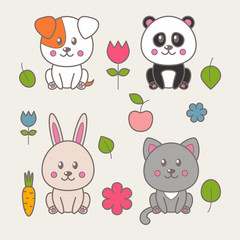 Fototapeta premium Set of four kawaii animals: cat, dog, panda, rabbit and decorative elements