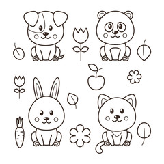 Set of four kawaii animals: cat, dog, panda, rabbit and decorative elements