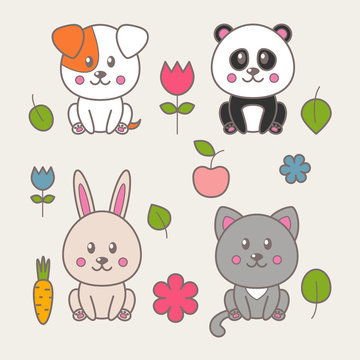 Set of four kawaii animals: cat, dog, panda, rabbit and decorative elements