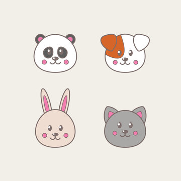 Set of four kawaii animals: cat, dog, panda, rabbit