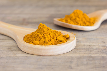 Turmeric powder in wood spoon on white background