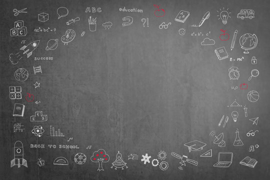 Doodle freehand white chalk drawing on black chalkboard with oval blank copy space for adding texts: Childhood kid concept: Children students' thought of creative thinking idea about education success