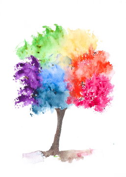 Rainbow tree on white, watercolor painting