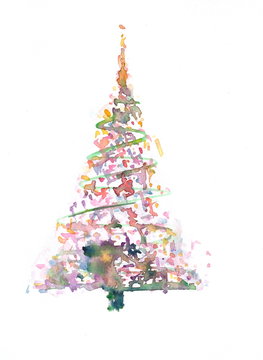 Colorful Christmas tree on white, watercolor painting