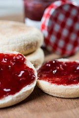 Strawberry jam on pancakes