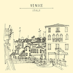 Gondola in Venice, Italy, Europe. Hand drawn artistic postcard