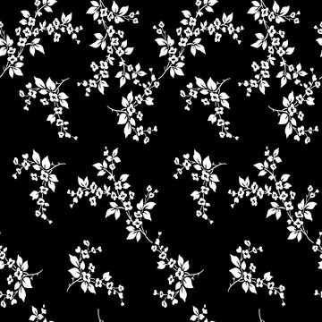 Fototapeta Tiny flowers seamless pattern, vector, black and white