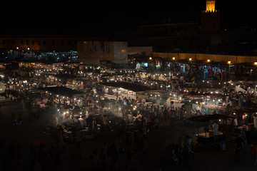 A overview over the jem el fna market in marrakech, which is a world heritage site.