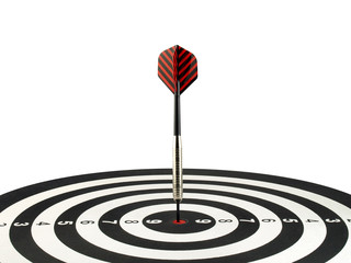 red stripes dart arrow hitting on bullseye target isolated on white, aiming to achieve, perfection...