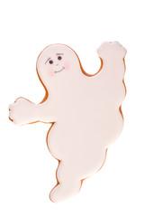 Funny beautiful delicious ginger biscuits Halloween in the form of a ghost, isolated on white