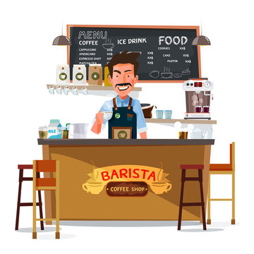coffee bar and barista man. character design - vector