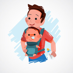 father carrying little baby. character design. super dad concept