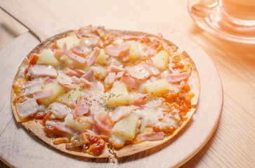 pizza hawiian and coffee, vintage effect